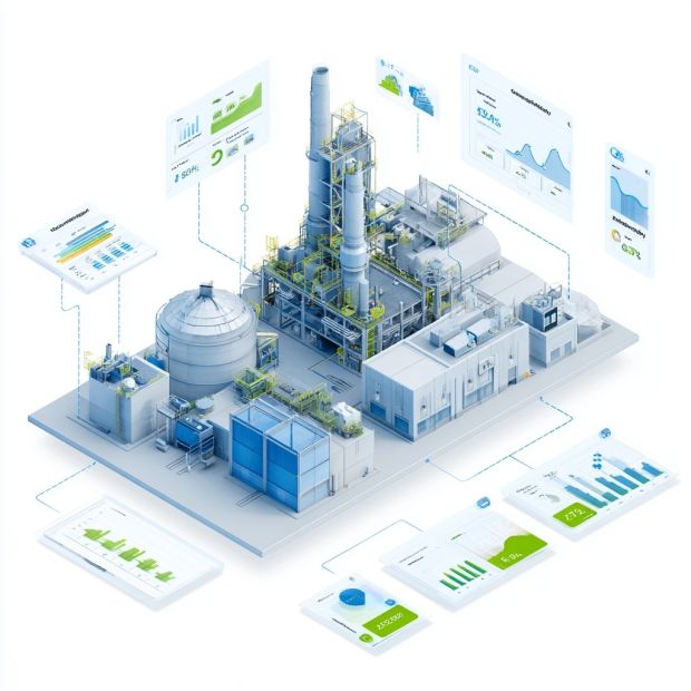 Modern and technological illustration of a digital platform for energy efficiency: an industrial plant represented as a 3D digital twin, with floating data overlays (charts, energy icons, CO₂ and cost indicators). The style should be professional and clean, with blue and green tones symbolizing sustainability and advanced technology. Highlight a digital report and visual symbols of emission reduction and energy savings.