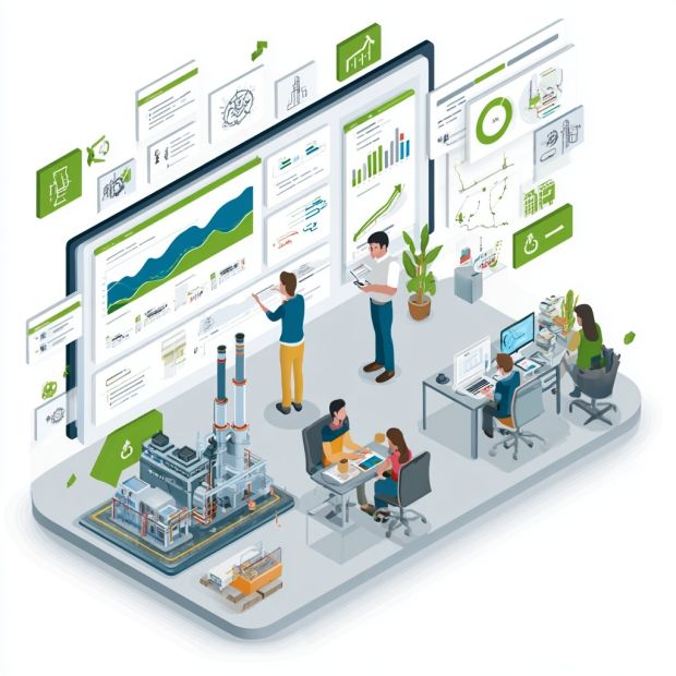 Professional and modern illustration showing consultants using a digital platform to support the ZCT (Zero Carbon Transition) journey. Depict consultants analyzing an industrial plant on digital dashboards with comparative scenario graphs, sustainability icons, and emission reduction indicators (including Scope 3). Emphasize collaboration, clarity, and structured outputs with visual elements like charts, reports, and action plans. The color scheme should use green and blue to represent sustainability and technology.